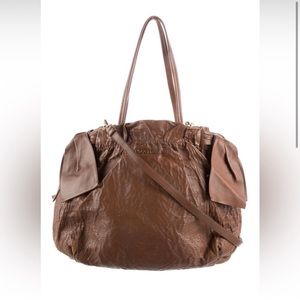 * SOLD * Authentic 💎 PRADA Cognac Nappa Antiqued Leather Bow Ribbon Ruched Bag.